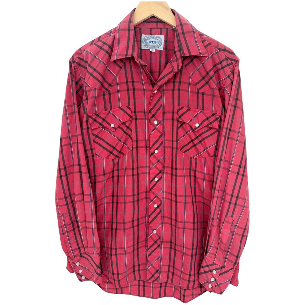 Authentic Western Wear Plaid Western Shirt Mens 16 34 Red Pearl Snap Cowboy